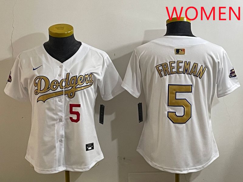 Women Los Angeles Dodgers #5 Freeman White Champion gold character 2025 Nike MLB Jersey style 4122->women mlb jersey->Women Jersey